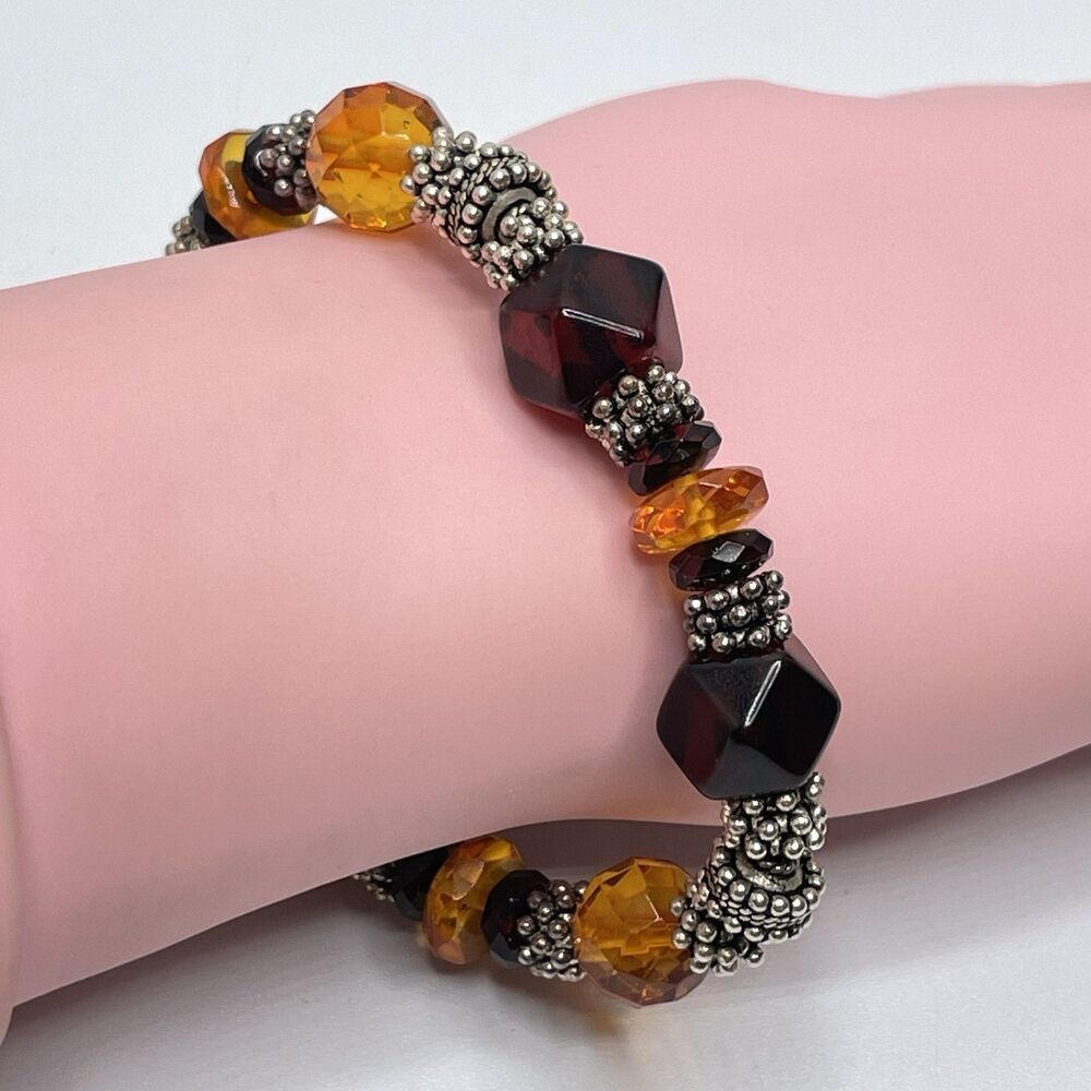 Elyie 925 Sterling Silver Signed Artisan Amber Color Glass Beaded Bracelet